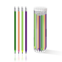 3D illustration of graphite pencils with eraser on the top in pastel colors with stripes and clear tube case on white background	
