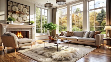 Cozy living room with plush fur rug at a sleek angle, surrounded by modern decor and ample natural light pouring in through the large windows.