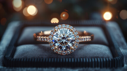 Exquisite engagement ring shining against a glamorous, glittering light setting