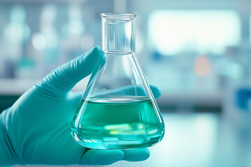 A close-up shot a Erlenmeyer flask held by gloved hands in a laboratory setting. The image has a cinematic, teal and blue color grading, with a blurred background.