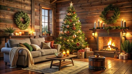Cozy living room with rustic wood accents, plush throw blankets, and vintage decorations adorning a beautifully decorated Christmas tree surrounded by warm candlelight.
