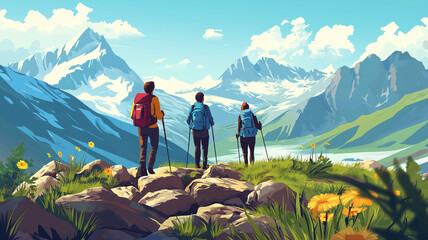 Obraz premium vector illustration, people hiking on a rocky trail in the mountains, summer time. Small group of hikers walking on a mountain trail in the alps. Outdoor activity, good health theme. Sporty vacations.