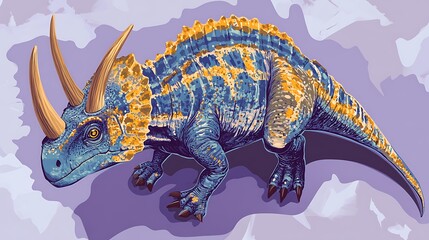 Majestic Protoceratops Top-Down View Vector Art on Lavender Background with Vibrant Yellow and Blue Colors