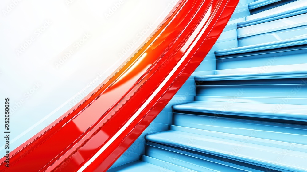 Poster a vibrant abstract image showcasing a red slide curving alongside blue steps, symbolizing playful mo