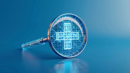 Medical Research and Diagnostics Concept, high-tech magnifying glass with glowing medical cross , analysis and innovation, healthcare technology ,investigations.