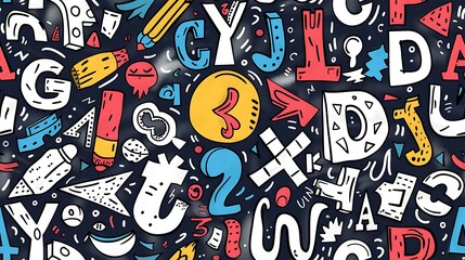 Obraz premium A seamless pattern filled with doodles of letters and numbers in different styles and sizes, jumbled together, vivid colors, on a pastel pink background, fun and lively composition, hd quality.
