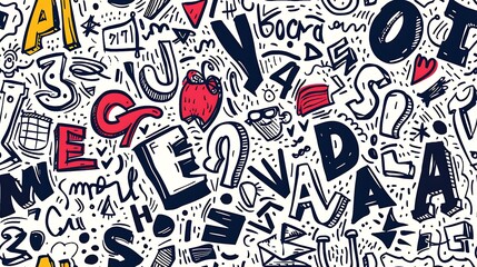 Obraz premium A seamless pattern filled with doodles of letters and numbers in various bold fonts, arranged randomly in a playful composition, bright colors, on a light beige background, highly detailed,