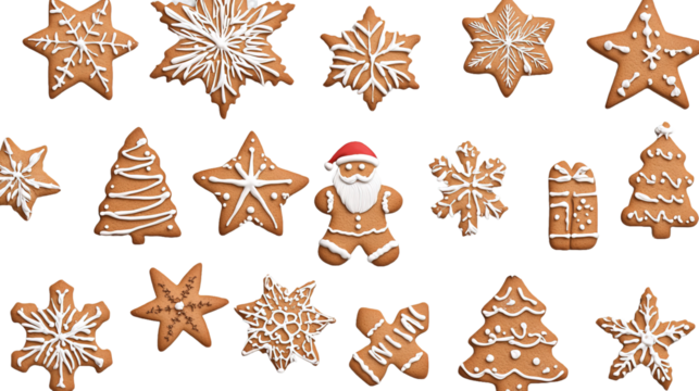 Gingerbread christmas snowflake star santa man tree on transparent background, png	