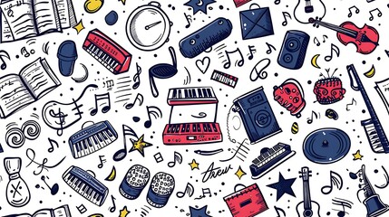A seamless pattern filled with doodles of musical elements, including notes, clefs, and sheet music, alongside instruments like drums and keyboards, playful and vibrant colors,
