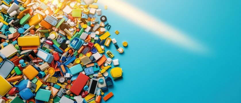 A vibrant collection of various colorful plastic items scattered on a blue background, symbolizing waste and recycling efforts.