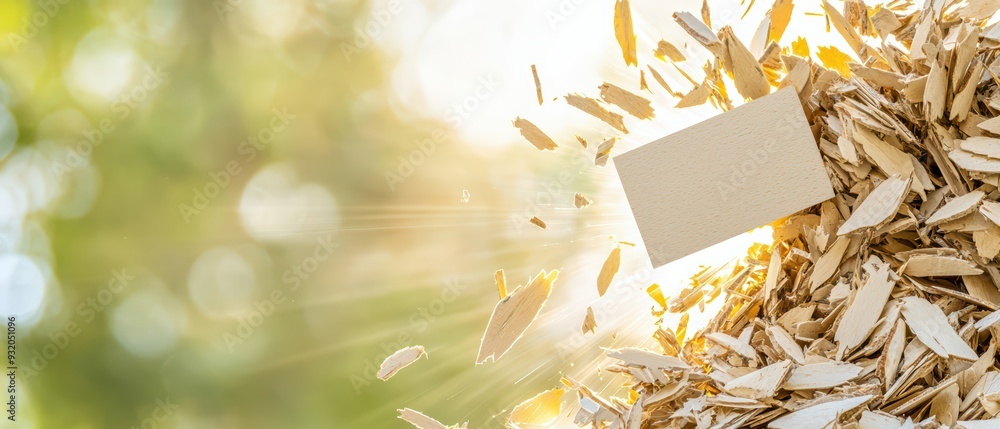 Poster a vibrant image showcasing a blank card amidst flying wood shavings, creating a dynamic and energeti