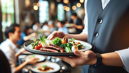  A waiter presents a plate of sliced steak, fresh vegetables, and egg in an upscale dining environment, suggesting a fine dining experience.