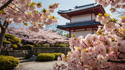 Serene Cherry Blossom in Traditional Japanese Garden