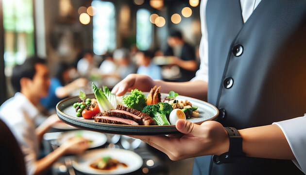  A waiter presents a plate of sliced steak, fresh vegetables, and egg in an upscale dining environment, suggesting a fine dining experience.