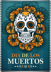 Dia de los Muertos paper cut poster with a hand drawn white sugar skull (Calavera, calaca) decorated with intricate designs and vibrant orange marigold flowers on teal background for Day of the Dead