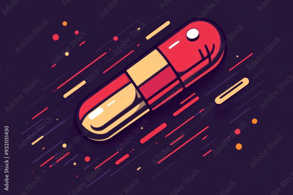 Poster dynamic and colorful cartoon capsule on a dark background conveying energy and speed symbolizing the