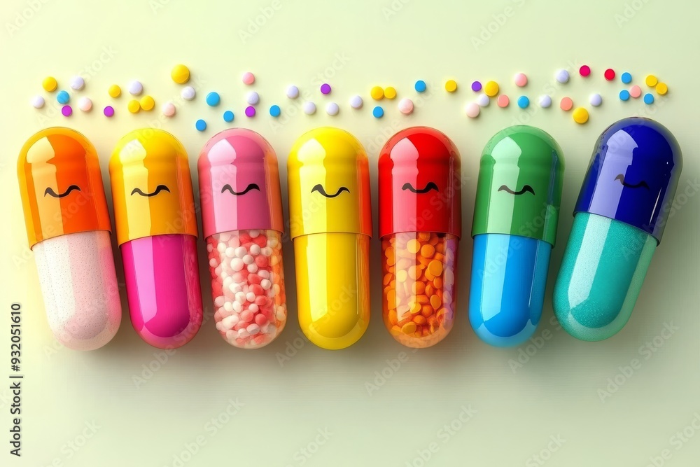 Poster colorful and playful capsules arranged in a row with smiling faces symbolizing the diversity and hap