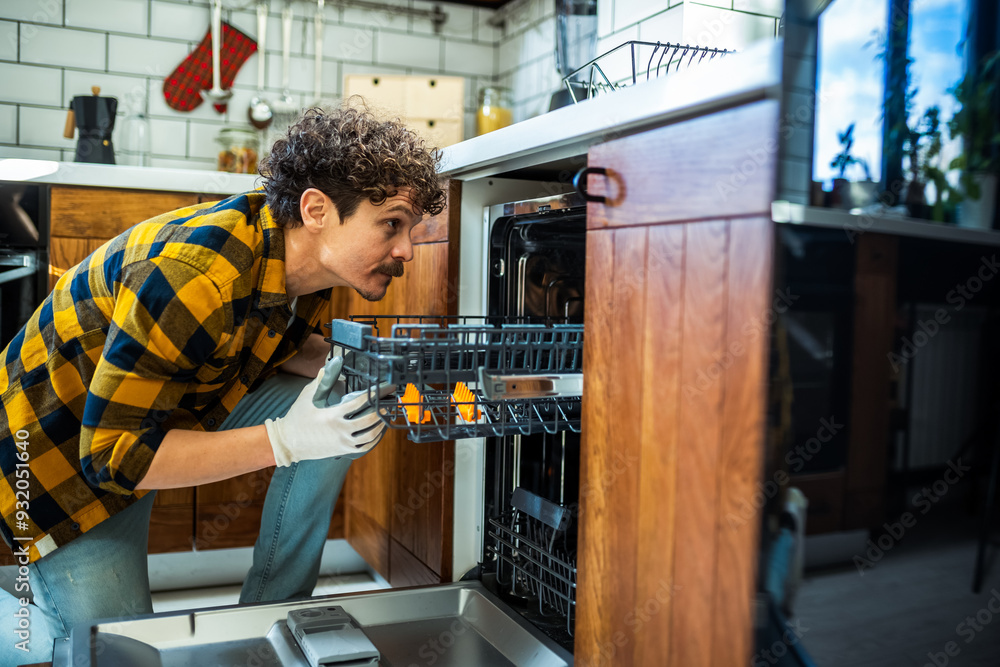 Wall mural Latino man fixing dishwasher in the kitchen.