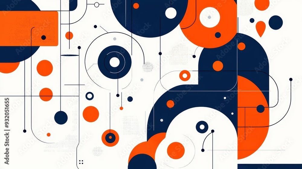 Poster abstract composition featuring colorful circles and lines in orange and navy. perfect for modern des