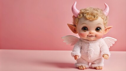 Fototapeta premium A Smiling Pink Fairy Doll with Horns and Wings