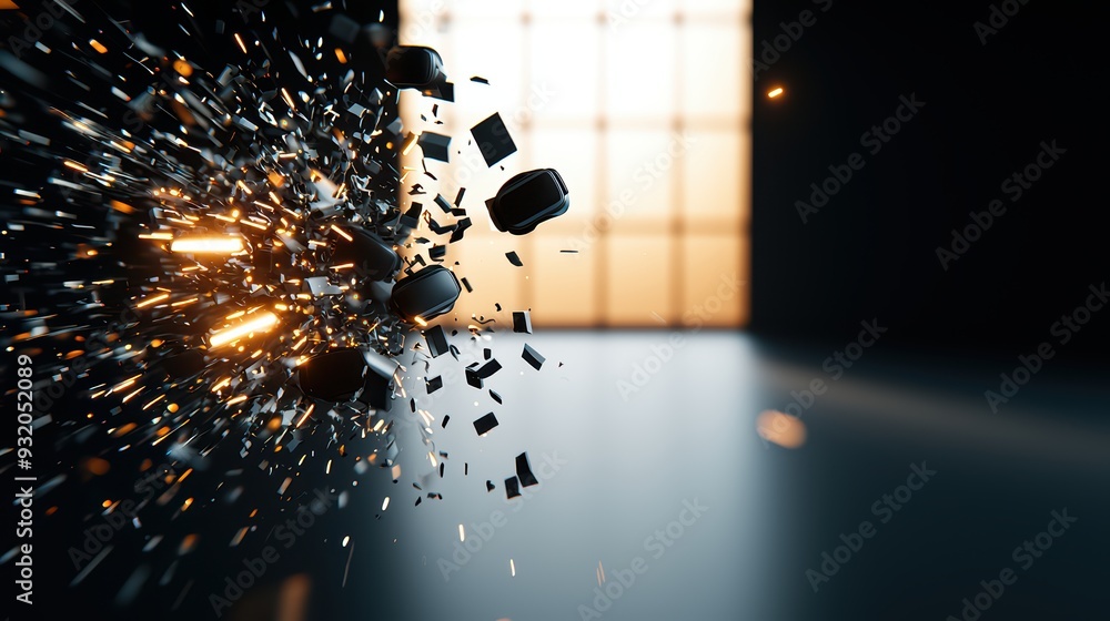 Poster an explosion of fragments captured in motion, showcasing dynamic energy and striking visual effects 