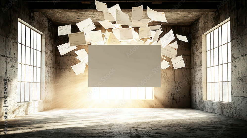 Poster an empty loft space with floating papers and a blank canvas, embodying creativity and endless possib