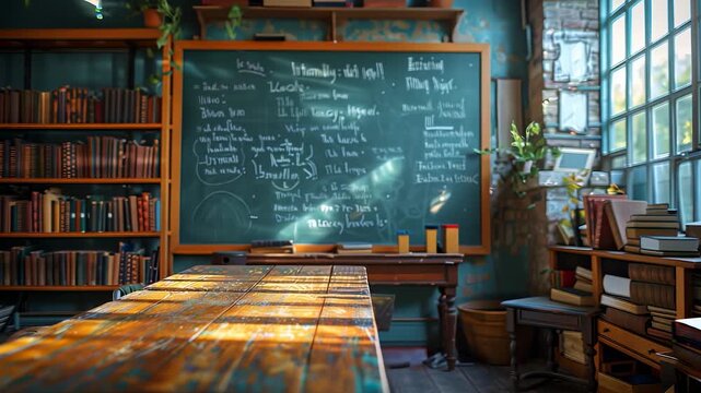 Vintage classroom table in an empty classroom in scool.  A chalkboard with writing and shelves with books on it is in the background. 
