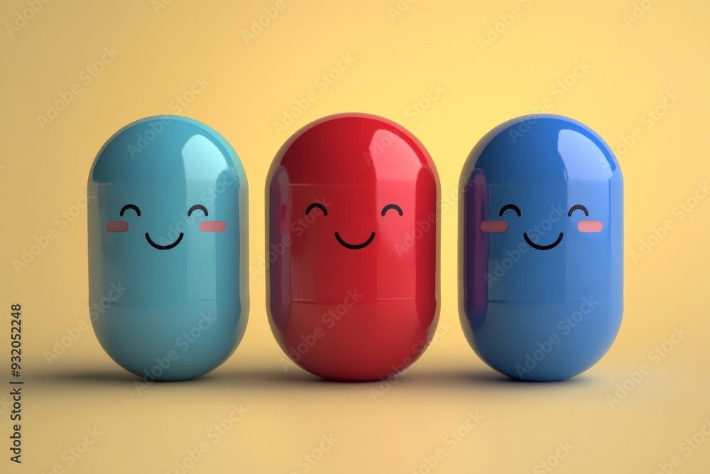 Poster minimalist illustration of three colorful pill characters on a neutral background symbolizing the si