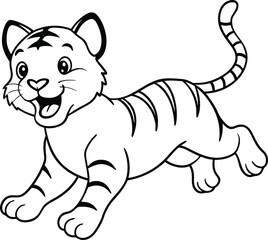 Cute tiger coloring book page with a cheerful black-and-white illustration, perfect for kids' creative time.
