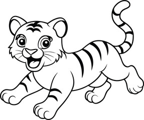 Playful tiger coloring page for kids, with a sweet black-and-white illustration.
