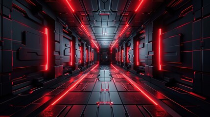 Futuristic red neon lit corridor.