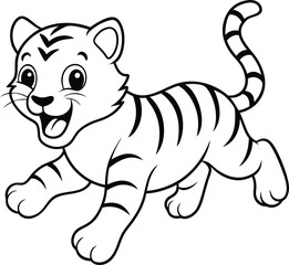 Fun and cute tiger coloring page for children, featuring an easy-to-color black-and-white tiger illustration.
