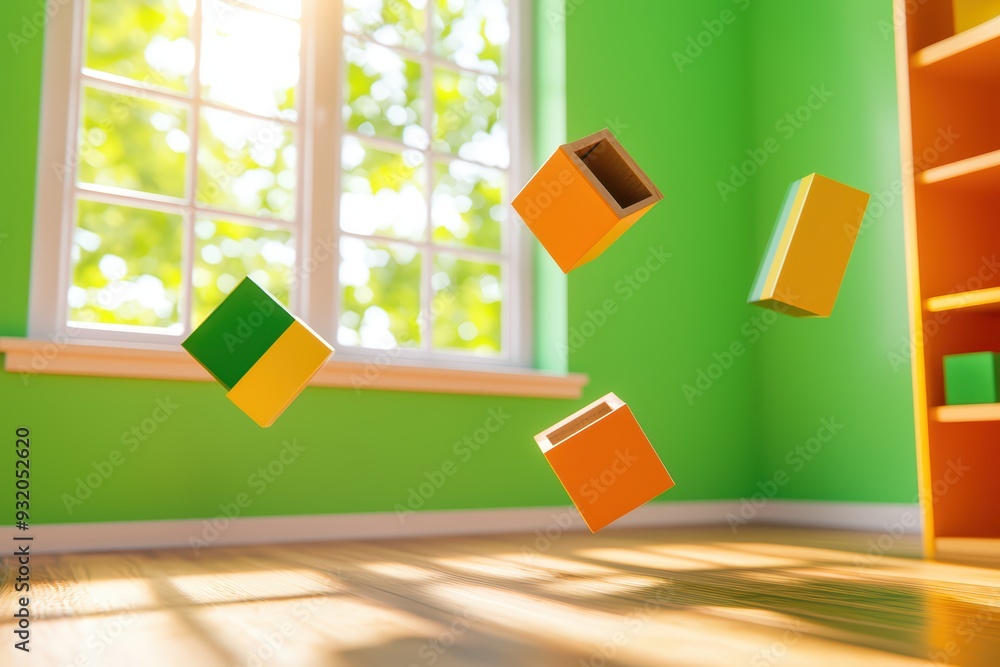 Poster colorful building blocks float in a bright, sunlit room, creating a playful atmosphere for creative 