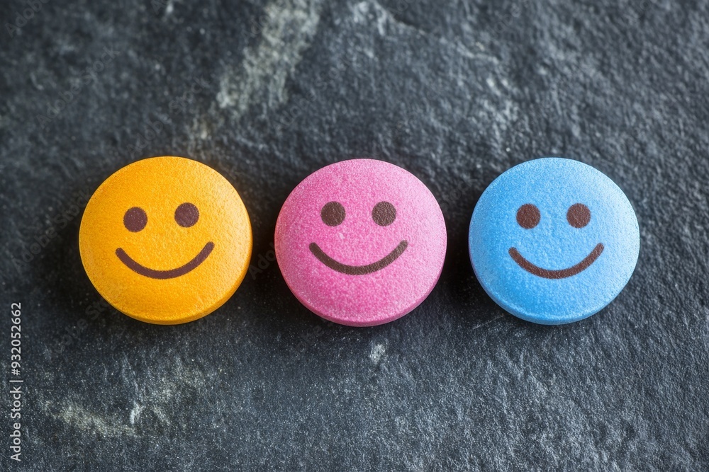 Poster Colorful round tablets with smiling faces on a textured dark background symbolizing the friendly and approachable side of healthcare