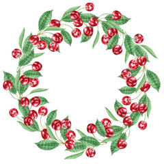 Red cherry branch with green leaf. Juicy hand drawn watercolor illustration, isolated frame for banner template with copy space for text. Food art, fresh botanical realistic painting for prints, cards