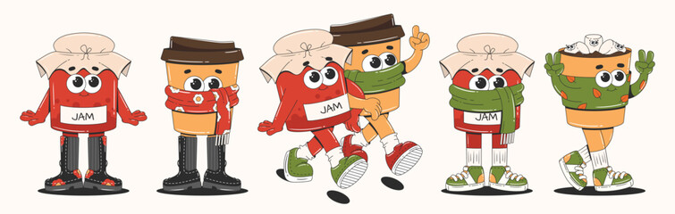 Autumn cartoon characters in retro groovy style. Cozy and cute mascots for the cafeteria, coffee shop or restaurant. Coffee, tea and cocoa cups with a jar of jam.