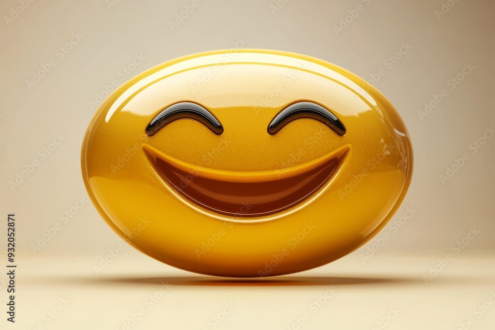 Poster golden pill with a large smiling face on a beige background representing the wealth and positivity i