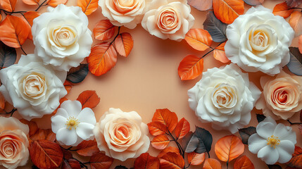 Delicate white and peach-colored roses arranged at the bottom of a warm, beige background, accented by orange leaves.