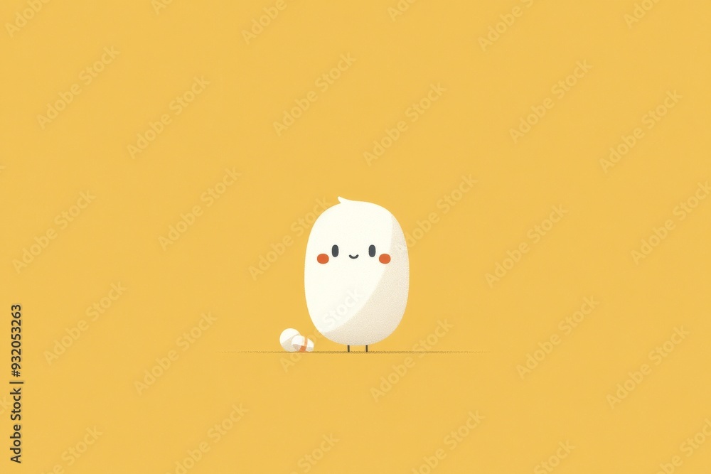 Poster minimalist cartoon of a single pill character with a happy face on a bright yellow background symbol