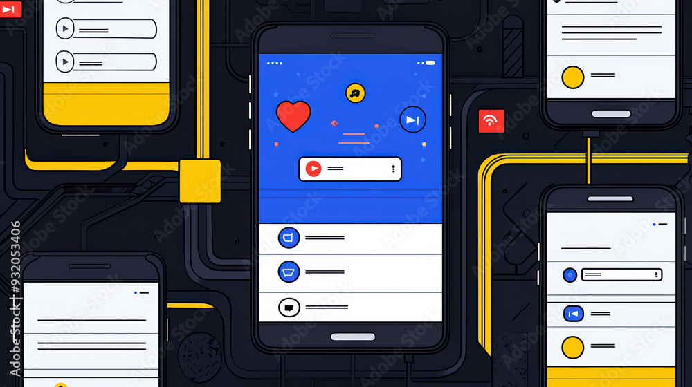 Poster creative concept of mobile applications with vibrant icons and interface elements, highlighting inte