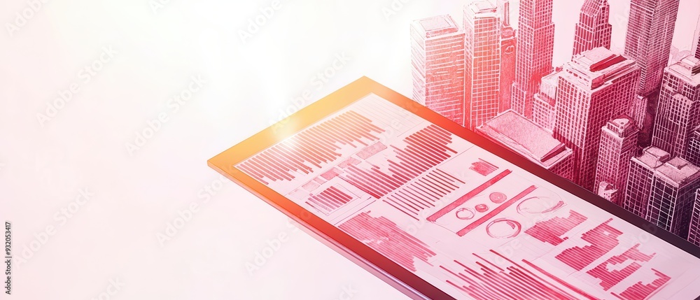 Poster digital tablet displaying data analysis while overlooking a city skyline, symbolizing innovation and