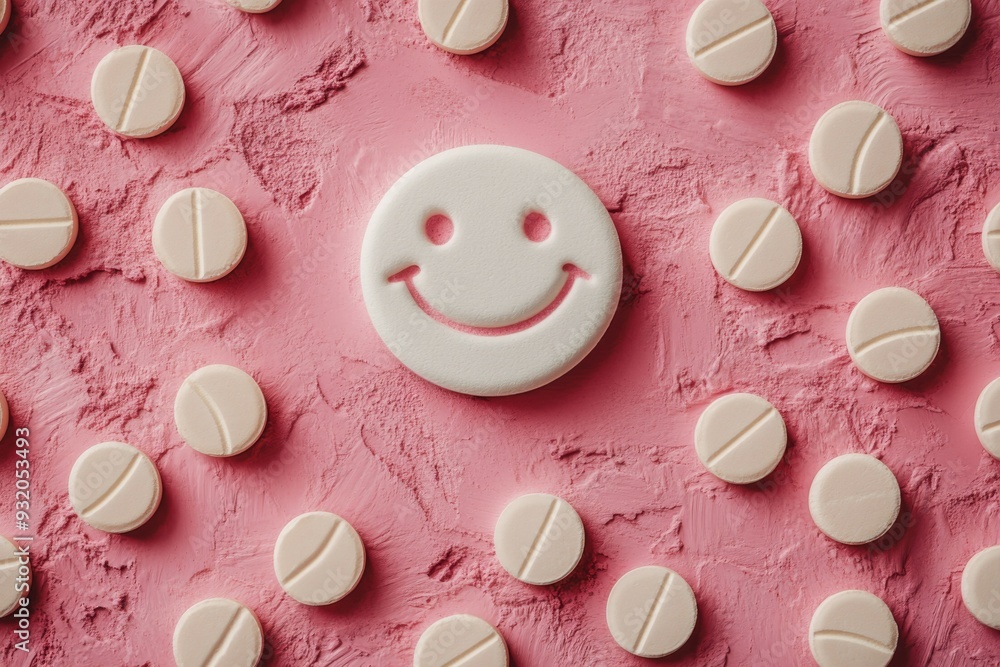Poster abstract pattern of pink and white pills with a smiling face on a textured background symbolizing th
