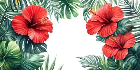Tropical Floral Border with Red Hibiscus and Green Leaves