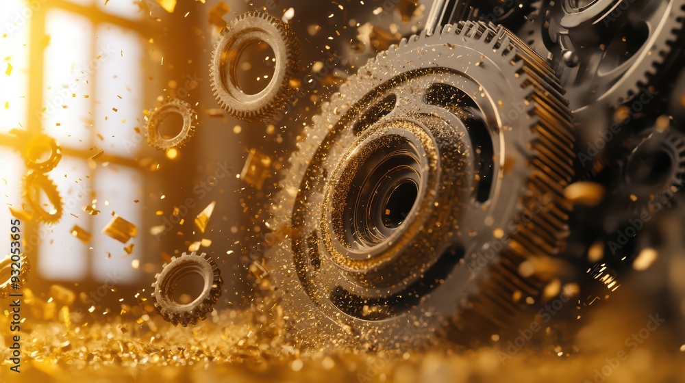 Poster dynamic scene of metallic gears in motion, showcasing energy and innovation in machinery and enginee