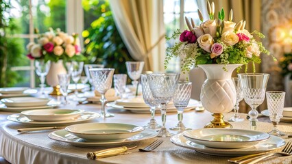 crisp white linens, fine china, sparkling crystal glasses, and a delicate centerpiece adorn a beautifully set table, exuding sophistication and luxury.