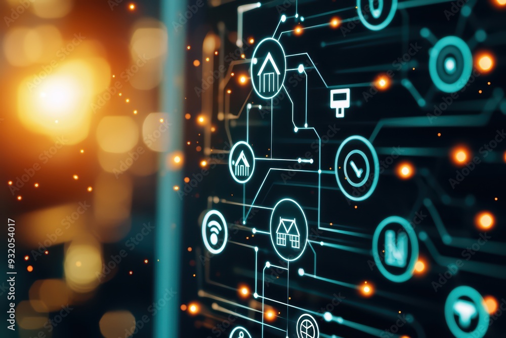 Aufkleber futuristic digital interface showcasing technology connections and icons, representing innovation an