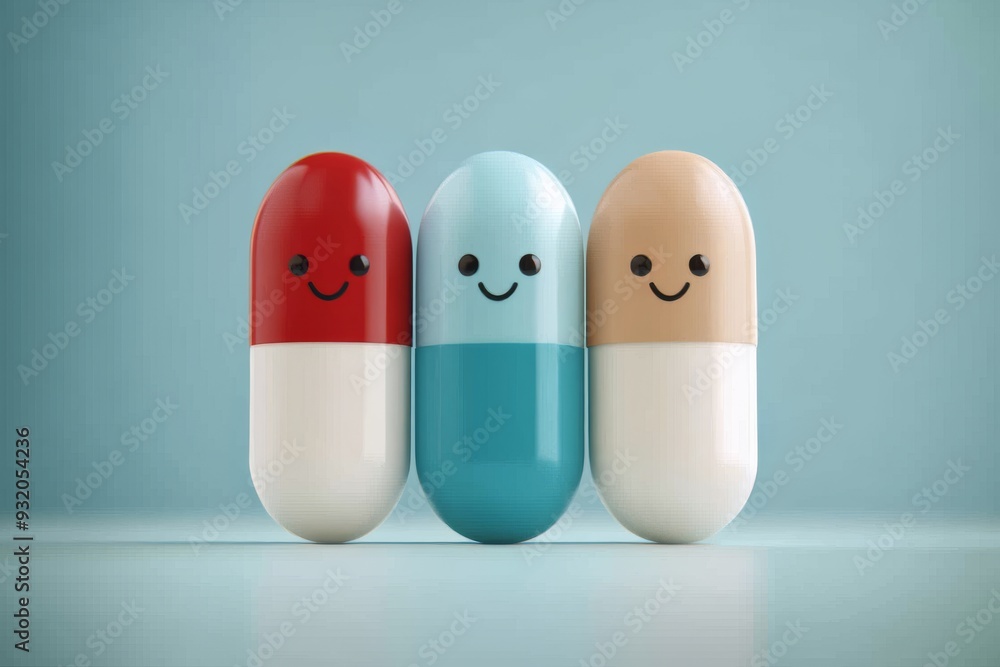 Aufkleber minimalist illustration of three pill characters with happy faces on a light background symbolizing 