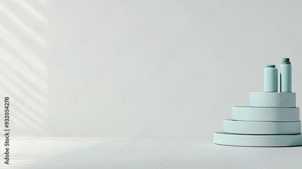 Poster minimalistic display featuring stacked geometric shapes with soft lighting, ideal for product presen