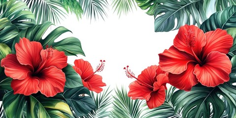 Fototapeta premium Vibrant Red Hibiscus Flowers Surrounded by Lush Green Tropical Foliage