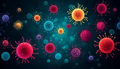 virus in blood, 3d rendered illustration of a bacteria, red and yellow fireworks on black, bubbles in water, blue background, bacteria under microscope
